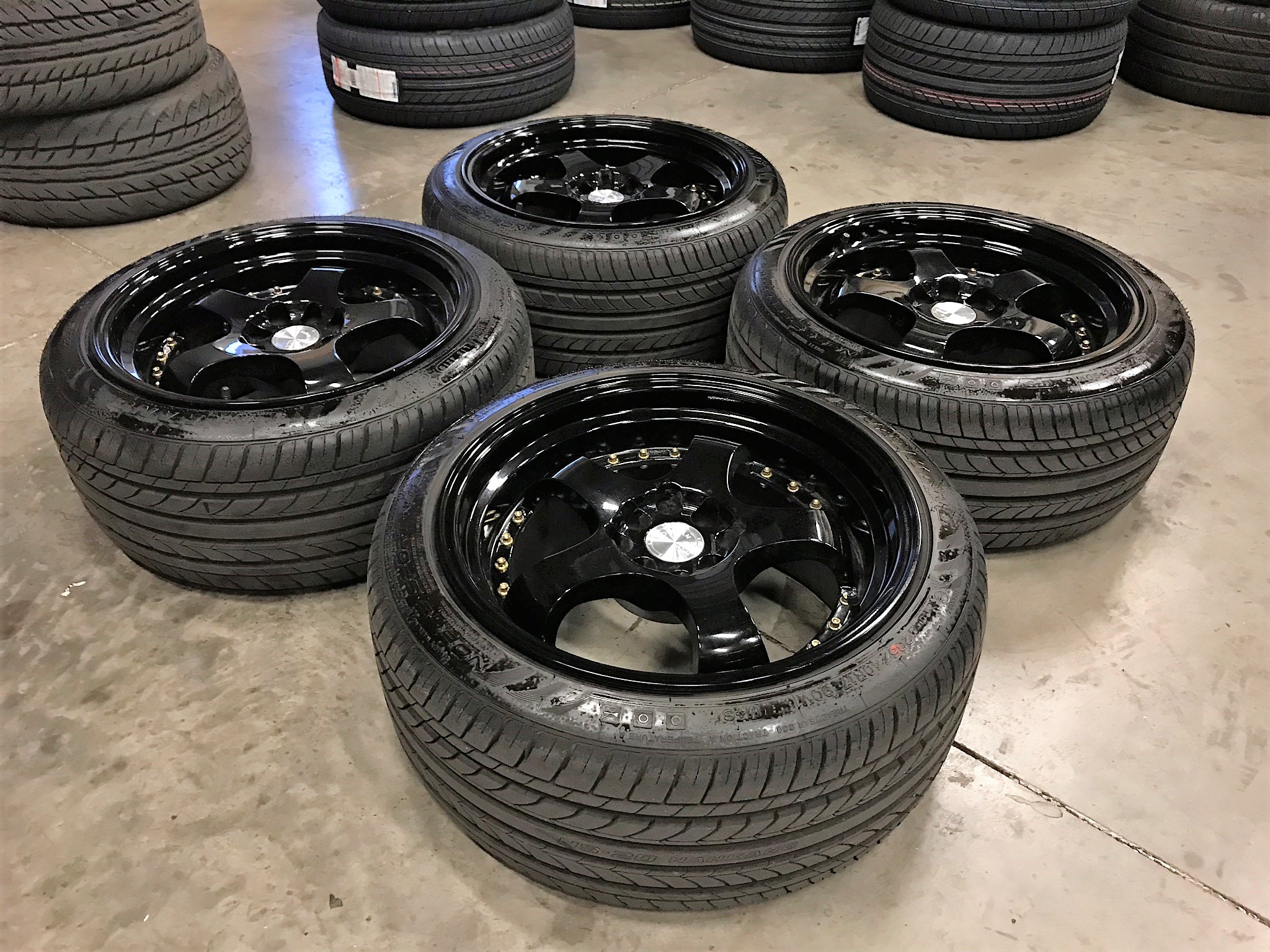 Aodhan AH03 Black with Gold Rivets 17x9 +25 4 lug Wheels & Tires - Image 2