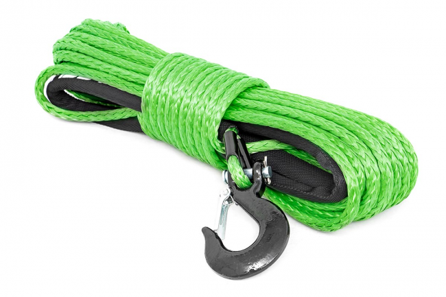 Synthetic Rope 85 Feet Rated Up to 16,000 Lbs 3/8 Inch Includes Clevis Hook  and Protective Sleeve Green Rough Country - Extreme Wheels