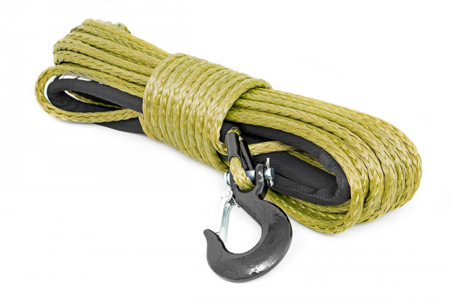 Synthetic Rope 85 Feet Rated Up to 16,000 Lbs 3/8 Inch Includes Clevis Hook  and Protective Sleeve Army Green Rough Country - Extreme Wheels