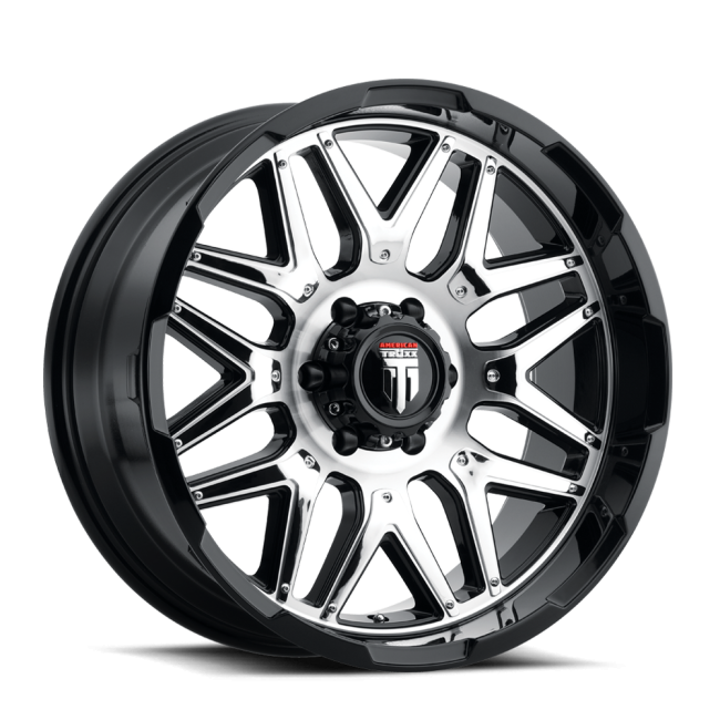 At151-20997bm-12 American Truxx Grind At151 Gloss Black/machined W/ Chrome Insert 20x9 8-180 -12mm 125.2mm
